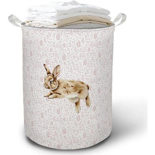 Pink Floral Bunny Laundry Basket Hamper, Bunny Nursery Decor, Pastel Wildflower Rabbit Foldable Clothes Toys Books Storage Box Bins Baskets Organizer for Girls Kids Bedroom Bathroom