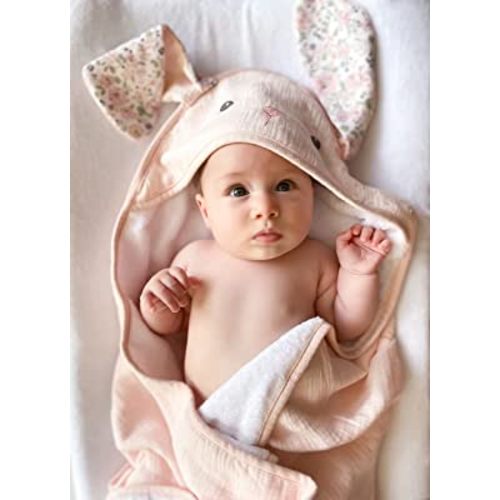 MON AMI Terry Muslin Bunny Hooded Cotton Baby Towel and WashCloth Set, Premium 3D Bunny Ears and face Soft Towels with Hoods for Infant, Boys or Girls, Babies,30inches