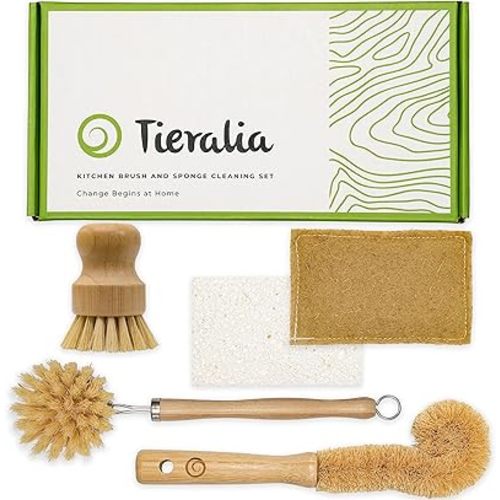 Tieralia Bamboo Dish Brush Gift Set – 5-Piece Kitchen Cleaning Bundle with Bottle Brush, Palm Brush, Scrub Brush & Sponge Pads | Elegant Wood Handles, Scratch-Safe Bristles, Giftable Packaging
