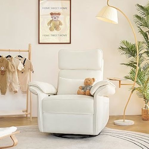 HULALA HOME Nursery Glider Recliner with Adjustable Headrest and Armrests, Modern Power Swivel Rocker Recliner Chair with USB Port and Storage Bags, GREENGARD, FSC, CertiPUR-US® Certified, Ivory