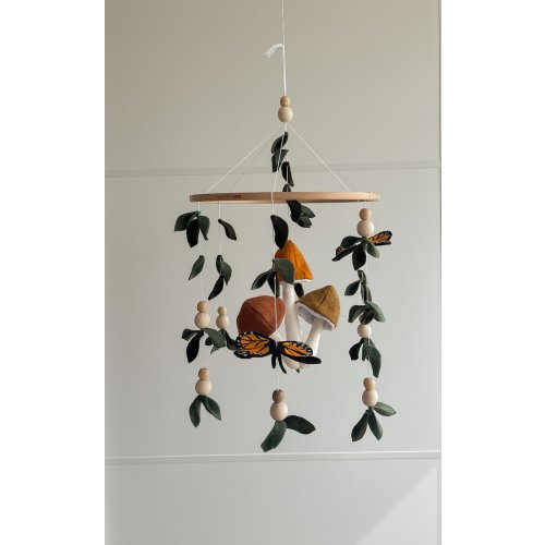 Monarch butterfly, Mushrooms Forest style baby crib mobile, Floral nursery baby mobile, Lighter and darker leaves Leaf crib mobile Butterfly