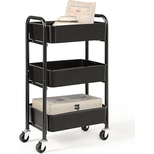 SunnyPoint 3-Tier Delicate Compact Rolling Metal Storage Organizer - Mobile Utility Cart Kitchen/Under Desk Cart with Caster Wheels - BLK (15.35" X 10.24" X 26.8"H)