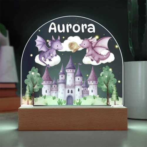 Personalized Baby Girl Dragon Castle Night Light Pink Purple Dragons Custom Kids Room Decor Baby Gift