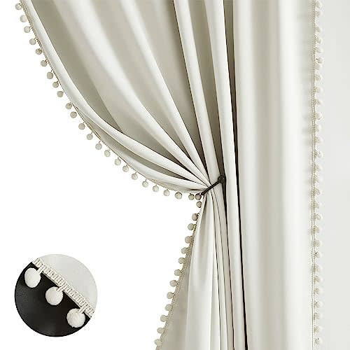 Full Blackout Curtains for Bedroom Natural Ivory Pom-Pom Thermal Insulated Window Drapes 63inch Length Curtain Panels for Kids Guest Room Hotel 52" Wx 2pcs Beige Rod Pocket
