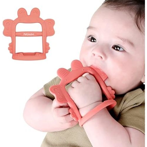 Anti-Dropping Silicone Baby Wrist Teether Soothing Pacifier for Infants 3+ Months Babies, Pack of 1, Made in Korea (Crab-Baby Coral)