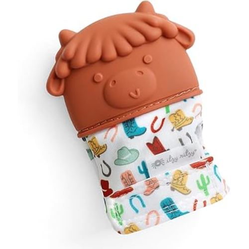 Itzy Ritzy Silicone Teething Mitt - Soothing Infant Teething Mitten with Adjustable Strap, Crinkle Sound & Textured Silicone to Soothe Sore & Swollen Gums - Baby Teething Toy for 3 Mos & Up, Cow