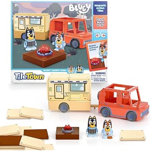 Tile Town | Bluey - Camper Magnetic Tile Set with Bluey and Bandit Figures
