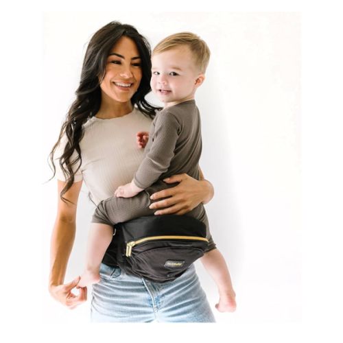 Tushbaby The Original Safety-Certified Hip Carrier for Babies & Toddlers: Machine Washable Child Waist Seat with Pocket Storage, As Seen on Shark Tank (23”-44” waist, 0-3 yrs up to 45lbs) – Black/Gold