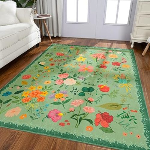 Rugs for Living Room, Floral 5x7 Non Slip Machine Washable Living Room Rug, 0.27″ Low Pile & Non-Shedding Boho Area Rug for for Livingroom, Bedroom, Dining Room (Green)