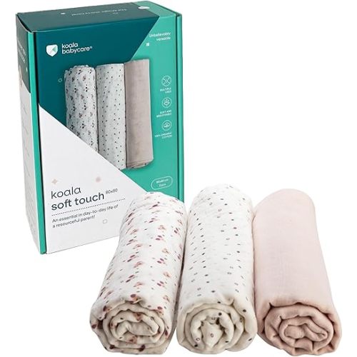 Koala Babycare Organic Muslin Swaddle Blankets for Newborns – GOTS & Oeko-TEX Certified - 3 Pack Soft Cotton Baby Blanket 32 x32 inches - Lightweight, Breathable, and Safe for Boys and Girls