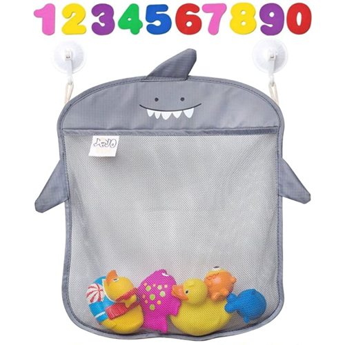 JOJOOKIDS Bath Toy Storage Set of 2 + 10 Eco-Safe Foam Numbers | Bath Toy Organizer Mesh Net Shower Caddy for Baby Bath Toys for Toddlers 1-3| Quick Dry Bathroom Decor Bath Toy Holder - Original Gray