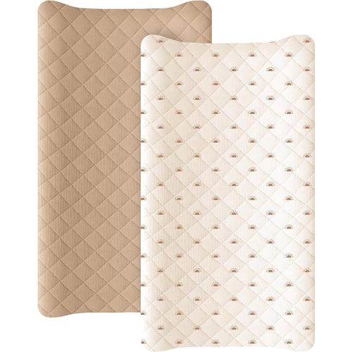 Konssy Waterproof Muslin Changing Pad Cover 2 Pack, Quilted Cotton Fitted Diaper Chang Table Cover, & Soft Changing Pad Sheets for Girls Boys (Camel,Sun)