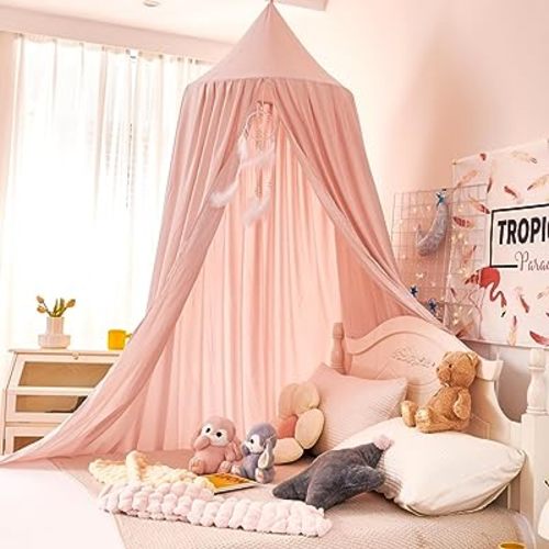 dix-rainbow Princess Bed Canopy for Kids Baby Bed, Round Dome Kids Reading Nook Indoor Outdoor House Tent Hanging Decoration Cotton Canvas White