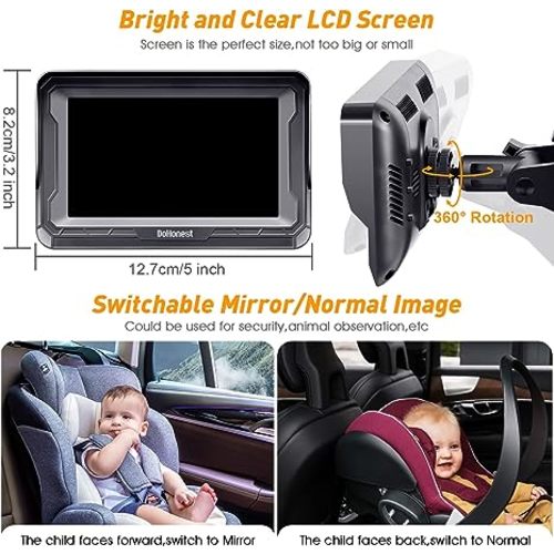 DoHonest Baby Car Camera HD 1080P: 360° Rotating Plug and Play Easy Install 3 Mins Rear Facing Car Baby Monitor with Camera Crystal Night Vision Backseat Camera Two Kids -V33