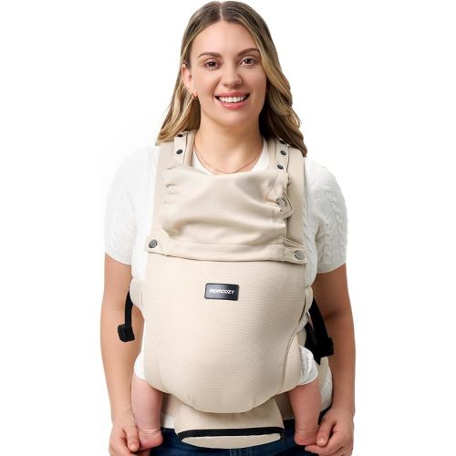 Momcozy Newborn Baby Carrier - Ergonomic, Cozy and Lightweight Carrier for 7-24lbs, Adjustable Neck Support with Sunshield, Breathable Airmesh Perfect for Summer Outing, Khaki