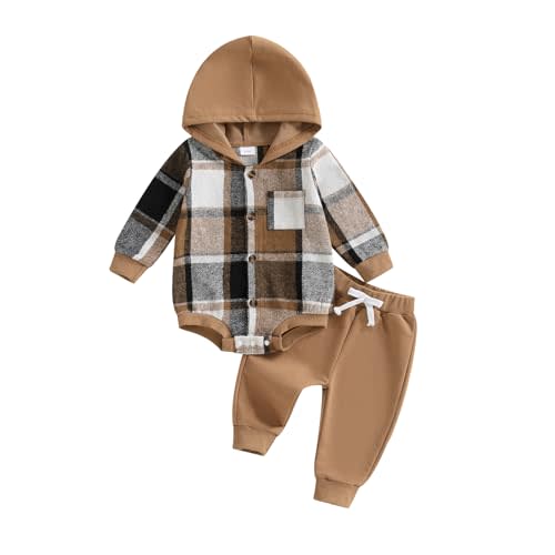 Douhoow Infant Baby Fall Clothes Boy Girl Plaid Hoodie Sweatshirt Romper Flannel Tops+ Sweatpants Festival Outfits