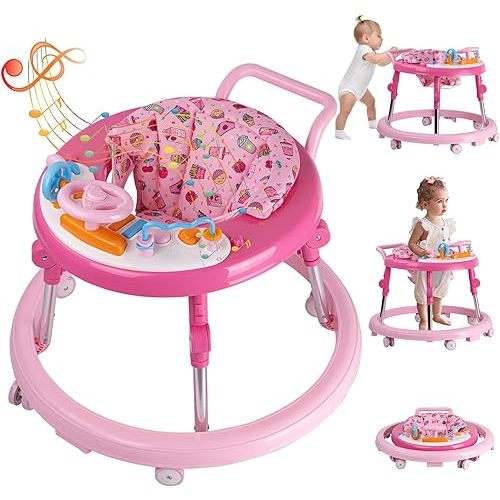 Baby Walker Foldable, Baby Walkers and Activity Center for Boys Girls Babies 6-18 Months with Feeding Tray & Music, and 5 Adjustable Heights, Baby Walker with Wheels…