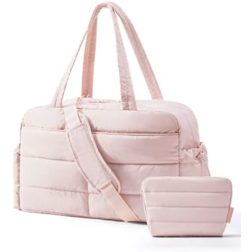 BAGSMART Gym Bag for Women, Lightweight Puffer Duffle Bag 2-PC Travel Bag, 31L Weekender Overnight Bag Quilted Carry On Tote Bag, Diaper Hospital Dance bag for Travel, Gym, Water Resistant, Pink