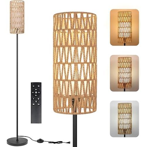 Floor Lamp for Living Room,Farmhouse Rattan Floor lamp,Modern Standing lamp with Dimmer LED Bulb,Black Tall Lamp with Remote Control