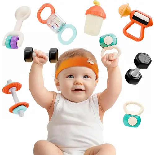 iPlay, iLearn Baby First Gym Rattle Set, Infant Dumbbell Weights Teething Rattles 3-6-12 Month, Newborn Workout Sensory Stroller Toy, Babies Birthday Shower Gift 5 7 8 9 10 Month Toddler Boy Girl-7PCS