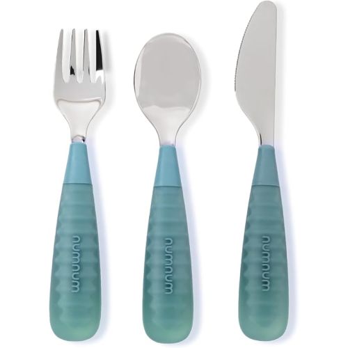 NumNum Toddler Utensils Set, 4th Stage Kids Silverware for 2+ Years, Pre-Spoon, Fork, Spoon & Knife GOOtensils with Stainless Steel Heads, BPA-Free Silicone Toddler Feeding Essentials, 3-Pack Green