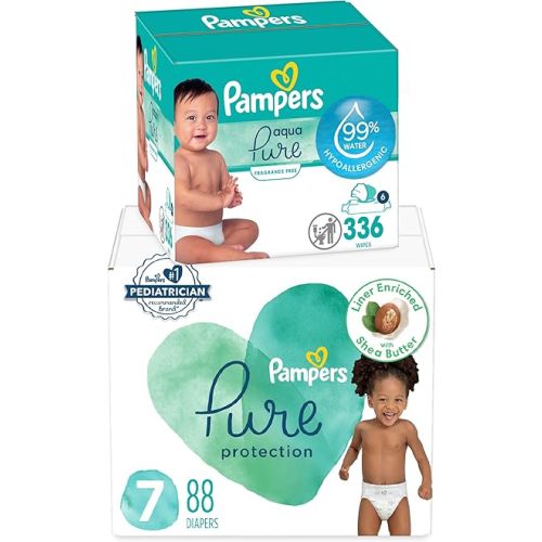 Pampers Pure Protection Disposable Baby Diapers Size 7, One Month Supply (88 Count) with Aqua Pure Baby Wipes, 6X Pop-Top Packs (336 Count)