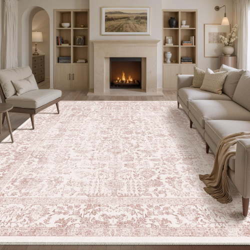BERTHMEER 8'x10' Pink Vintage Washable Area Rugs for Living Room, Dining Room, Office, Non-slip