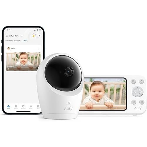 eufy Security Baby Monitor E20 with 2K HD Camera, 5'' 720p Display, Hybrid Wi-Fi & No Wi-Fi Connection, Pan-Tilt, 4X Zoom, Portable Camera with Built-in Battery, 24/7 Recording in App, ANR