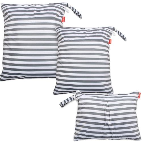 Damero 3pcs Travel Wet and Dry Bag with Handle for Cloth Diaper, Pumping Parts, Clothes, Swimsuit and More, Easy to Grab and Go, Gray Strips