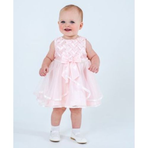 Baby Girls Basket Weave Social Dress with Two Tiered Ribbon Skirt