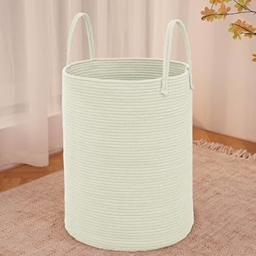 Large Woven Laundry Basket Hamper,60L Cotton Rope Storage Bin for Blankets,Toys and Clothes,Decorative Tall Nursery Hamper for Living Room,Baby Nursery,Bathroom and Bedroom,White