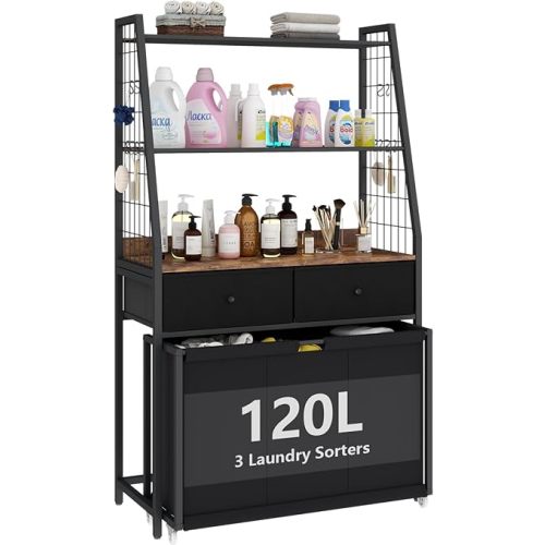 Laundry Hamper Laundry Basket with 3 Section Pull-Out Rolling Bags & 2-Tier Storage Shelf, Laundry Sorter for Organization and Storage with 2 Drawers for Laundry Room, Bathroom