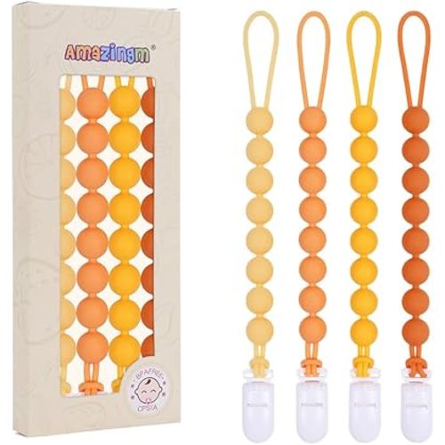 One Piece Design Silicone Pacifier Clip Holder for Baby Boys and Girls,Flexible Pacifier Leashes,Soft Teether Clip for Newborns,4-Pack. (Yellow)