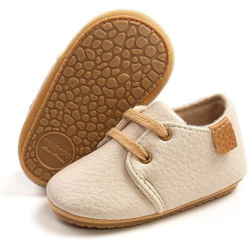 COSANKIM Baby Boys Girls Shoes Lace Up PU Leather Infant Sneakers Non Slip Rubber Sole Newborn Loafers Toddler First Walker Crib Shoes (0-18 Months) - 3-6 Months Infant - A-beige