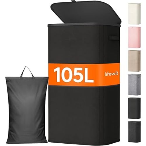 Lifewit 105L Large Laundry Basket with Lid, Laundry Hamper with Plastic Handles and Removable Bag, Foldable Tall Dirty Clothes Hampers for Laundry for Laundry Room, Bedroom, Bathroom, Dorm, Black