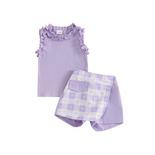 Toddler Kids Little Girl Shorts Set 12 18 24 Months 2T 3T 4T 5T Frill Trim Sleeveless Ribbed Tank Tops Bow Print Elastic Waist Skorts 2 Piece Summer Outfit
