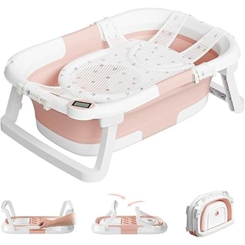 Collapsible Baby Bathtub,Baby Bath Tub with Soft Cushion & Thermometer,Baby Bathtub Newborn to Toddler 0-36 Months,Portable Travel Baby Tub
