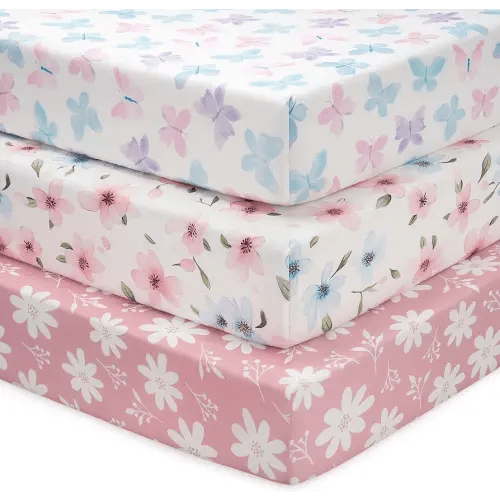 Baby Crib Sheets Girl, 3 Pack Toddler Bed Sheets Fit for 52”x28” Standard Crib and Toddler Mattresses, Super Soft Microfiber Pink Butterfly Flower
