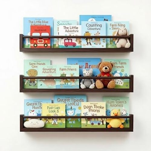 Set of 3 Kids Floating Bookshelves Deep Walnut – 24 Inch Wall Mounted Nursery Book Shelves with Safety Rail – Ideal Storage & Display Shelf for Nursery, Bedroom, and Playroom