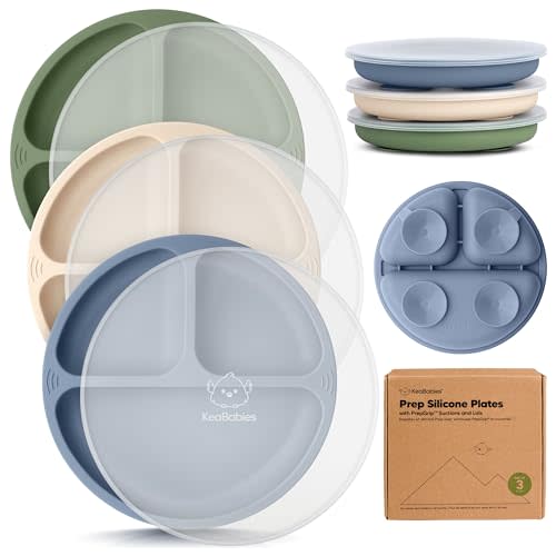 KeaBabies Suction Plates with Lids for Baby - 3-Pack 100% Silicone Suction Plates for Baby, Kids,Toddler Plates,Divided Baby Plates with Suction,Lids, BPA-Free, Microwave, Dishwasher Safe (Slate)