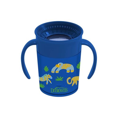 Dr. Brown’s Milestones Cheers 360 Cup Spoutless Transition Cup with Handles for Easy Grip and Leak-Free Learning, Blue Safari, 7 oz/200 mL