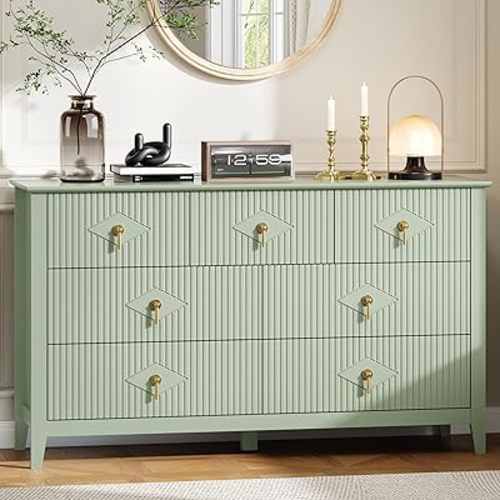 GarveeHome Fluted Dresser for Bedroom, 54 in Wide 7-Drawer Wood Dresser, Modern Chest of Drawers, Storage Organizer Cabinet for Living Room, Hallway, Entryway, Green