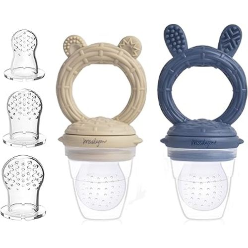 Baby Fresh Fruit Feeder Pacifier 2 Pack Food Grade BPA-Free Silicone Pouches and Nipples Infant Baby Teether Toy 3M+ (Khaki Bear & Cyan Blue Bunny)