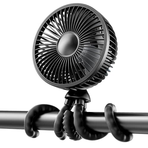 Gaiatop Baby Stroller Fan, 4000mAh Oscillating Mini Portable Fan with Light, 4 Speeds Battery Operated Small Handheld Desk Fan, 360° Rotate Flexible Tripod Clip On Fan for Car Seat Crib Travel Black