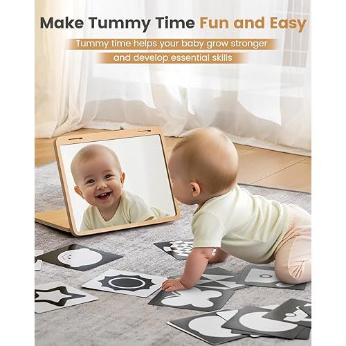 Tummy Time Mirror for Baby Montessori Baby Floor Mirror with High Contrast Black and White Cards Infant Safe Mirror Toy for Newborn