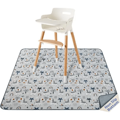 Blissful Diary Baby Splat Mat for Under High Chair, 50.4 x 50.4 Inch Wipeable Splash Mat, Waterproof and Washable, Anti-Slip Floor Protector, Gray Zebra