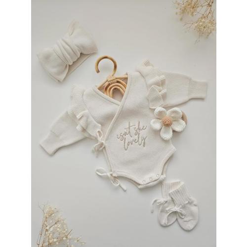 Personalised Baby Ruffle Romper, Luxury Neutral Set, Newborn Beige, Baby Announcement Bodysuit, Baby Coming Home Outfit, Knitted Hello World