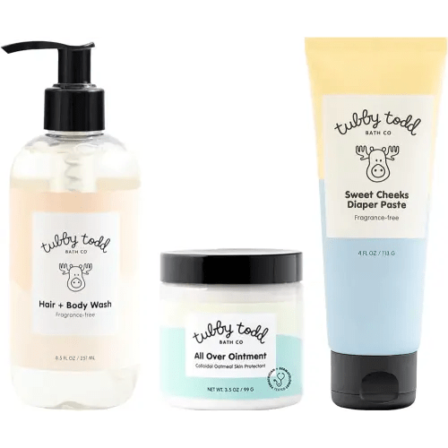 TUBBY TODD Baby Bundle Newborn Skin Care Set - Hypoallergenic Hair + Body Wash, All Over Ointment with Colloidal Oatmeal, Sweet Cheeks Diaper Paste - Fragrance Free, Standard Size