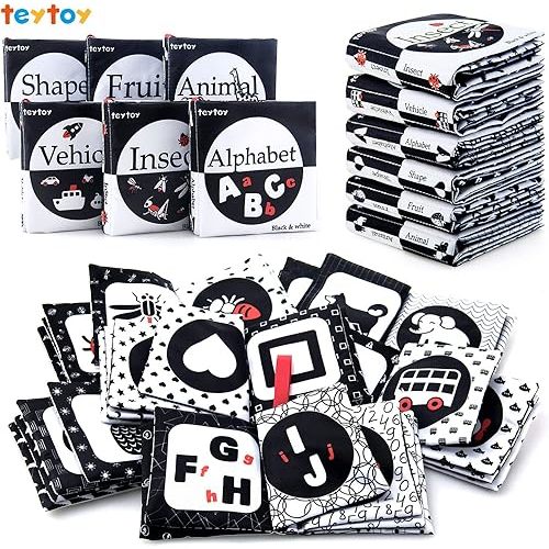 My First Soft Book,teytoy Nontoxic Fabric Baby Cloth Activity Crinkle Soft Black and White Book for Infants Boys and Girls Early Educational Toys Perfect for Baby Shower -Pack of 6
