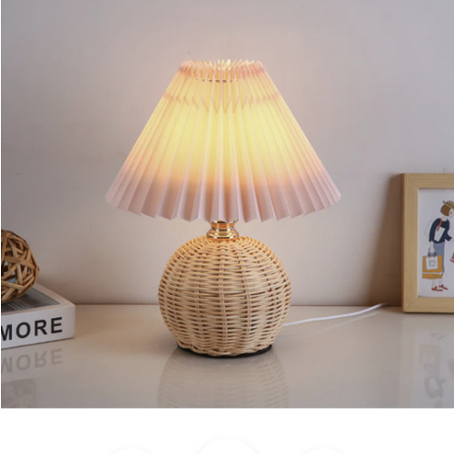 Contemporary Nordic Rattan Fabric Pleated Conic Ball LED Table Lamp For Bedroom